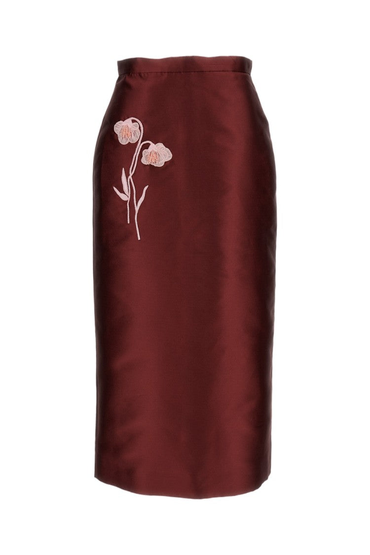 Erdem Burgundy Embroidered Mikado Midi Skirt