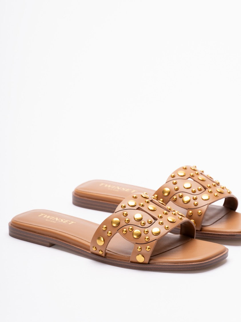 Twin-Set Brown Leather Sandals With Decorative Studs