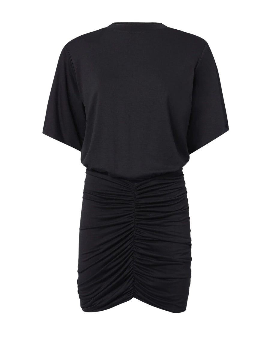 The Andamane Ruched Black Jersey Mini Dress
