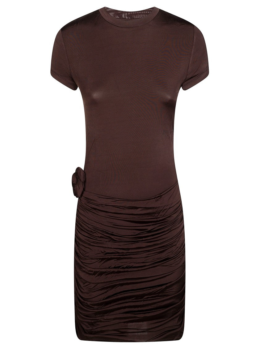 Rotate Ruched Fabric Rosette Mini Dress