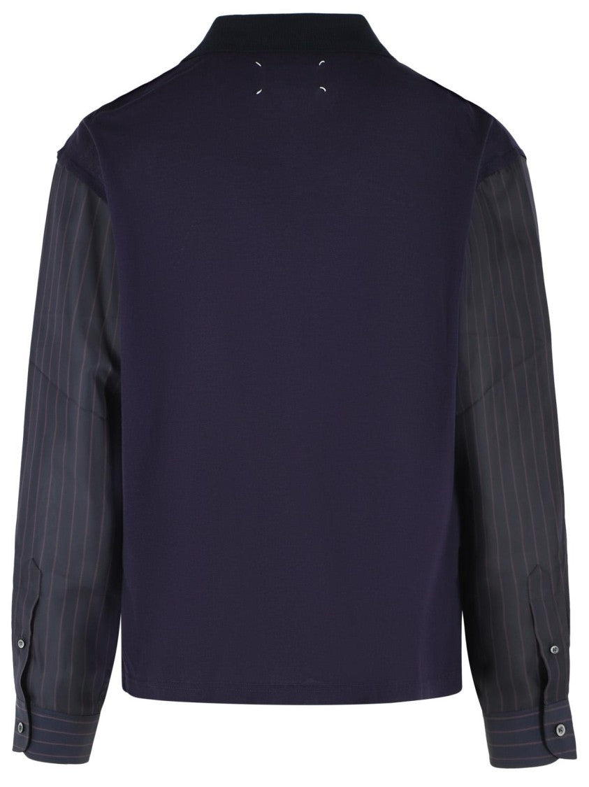 Maison Margiela Ribbed Polo Cotton Shirt With Cupro Striped Sleeves
