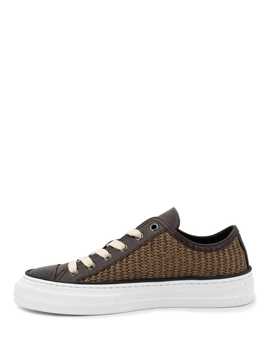 Brunello Cucinelli Woven Raffia And Leather Sneakers With Lace-Up Closure
