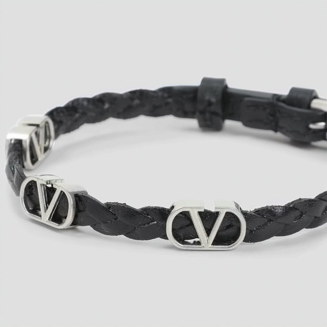 Valentino Garavani Braided Calf Leather Bracelet With Silver-Tone Logos