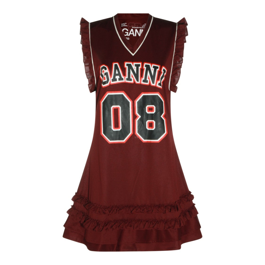 Ganni V-Neck Mini Dress With Ruffled Trims And Bold Branding