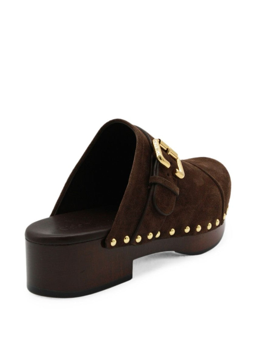 Chloé Dark Brown Suede Press Studs Monogram Flats