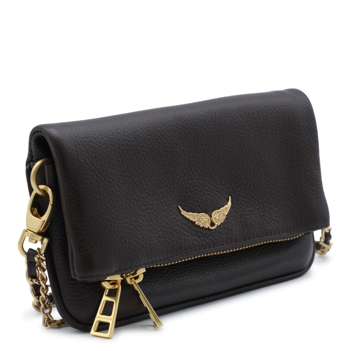 Zadig & Voltaire Textured Black Fold-Over Bag With Gold Accents