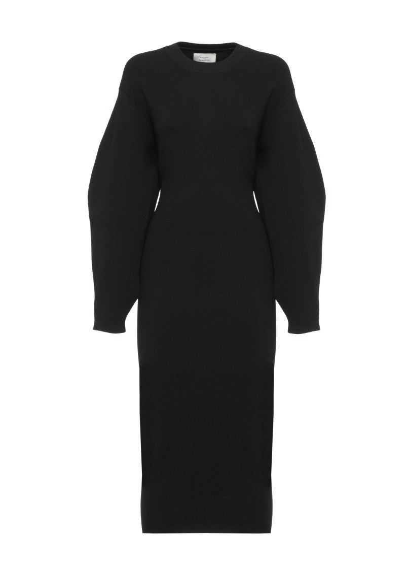 Loulou De Saison Black Puffed Sleeves Elasticated Detail Midi Dress