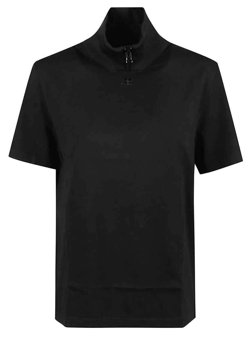 Courrèges Ribbed High Collar Zipper Short-Sleeve Top