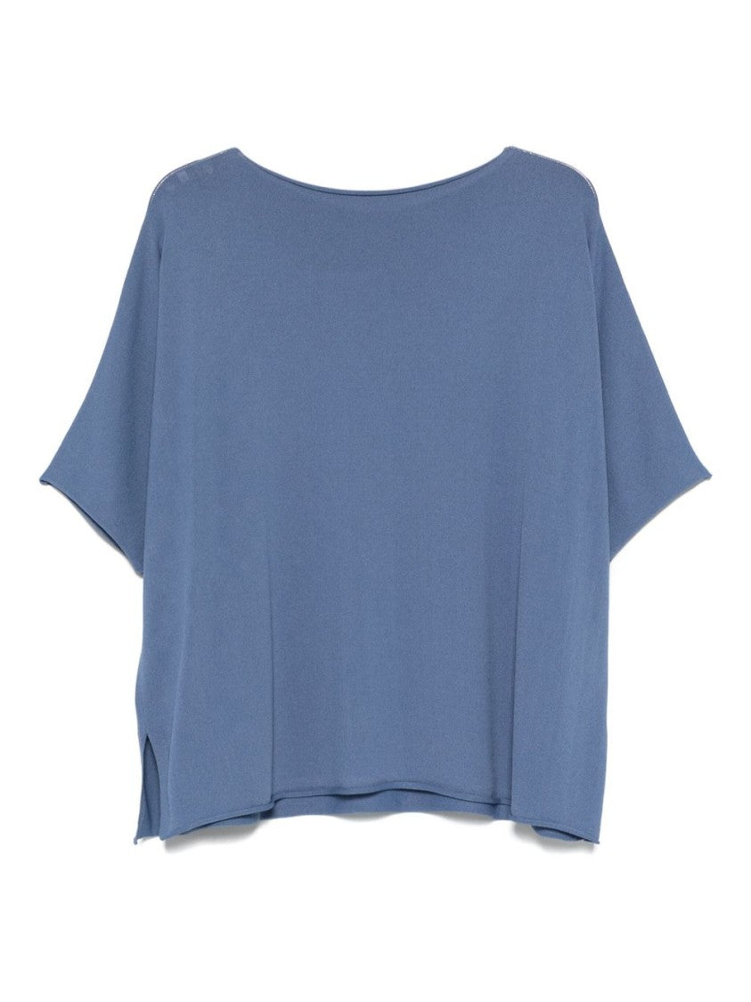 Le Tricot Perugia Relaxed-Fit Blue T-Shirt With Wide Neckline