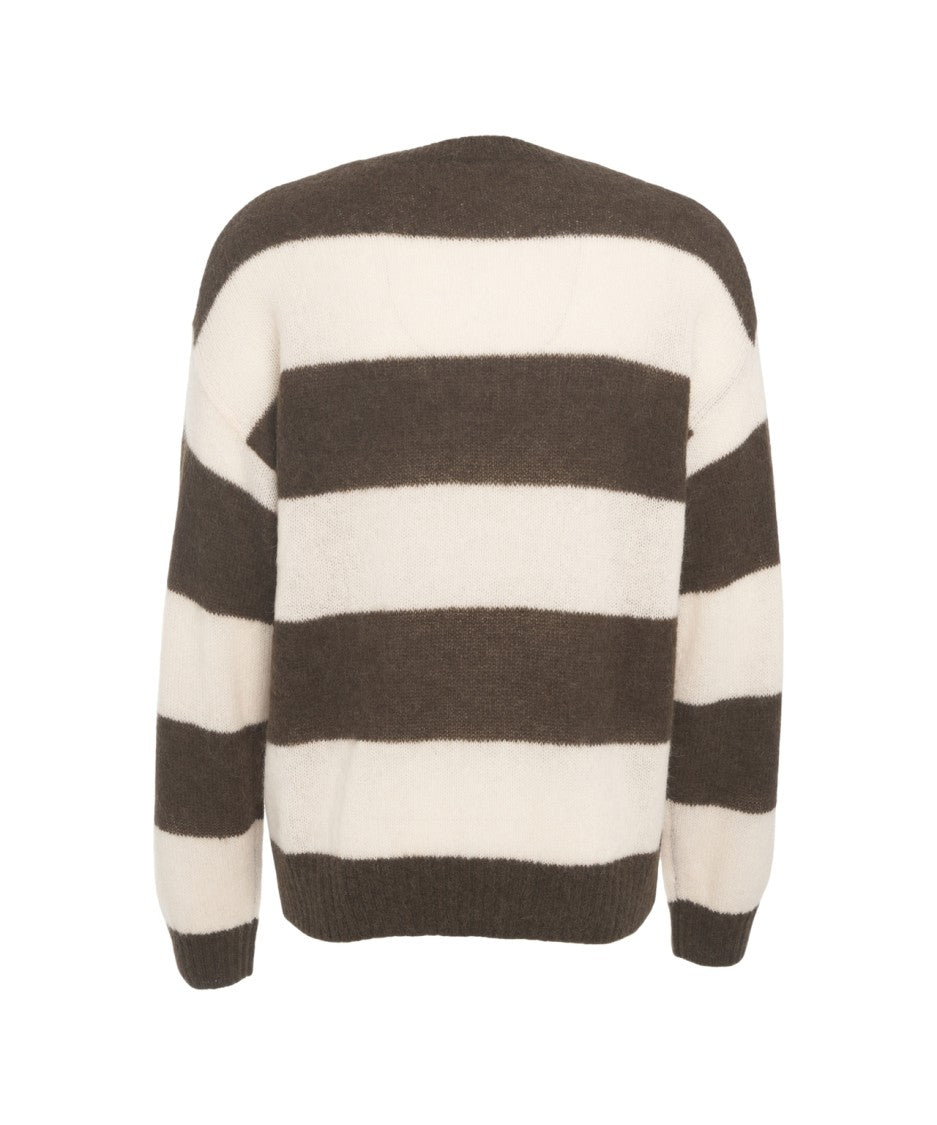 Closed Striped Knit Sweater With Ribbed Details
