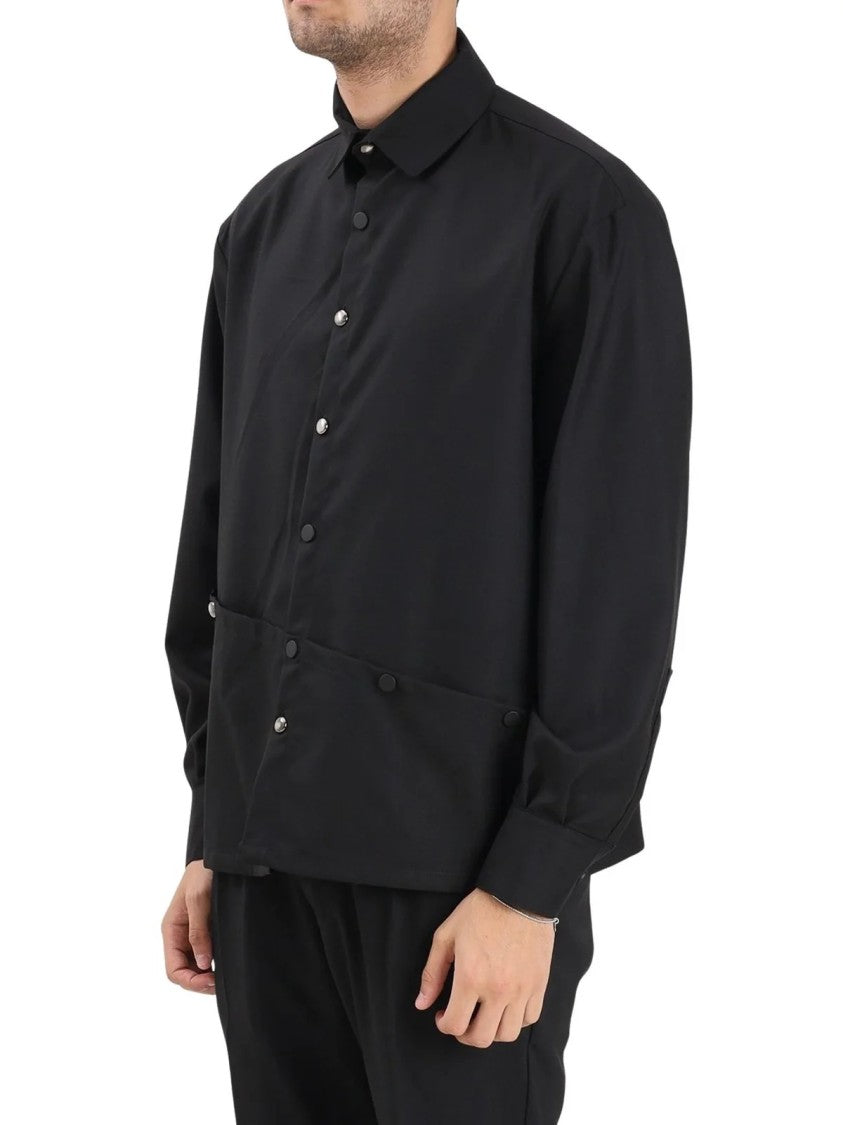 Yes London Black Asymmetrical Snap Button Virgin Wool Shirt