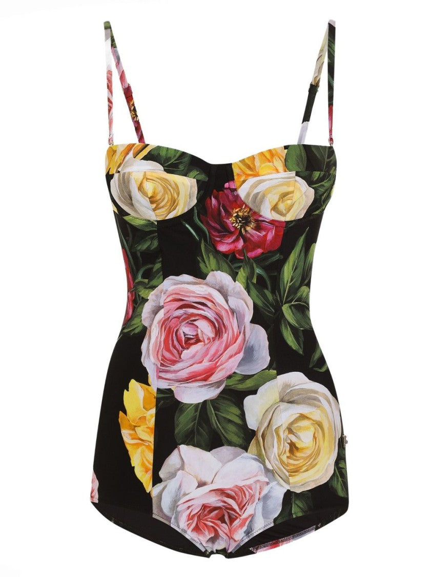 Dolce & Gabbana Black Floral One-Piece Swimsuit With Sweetheart Neckline