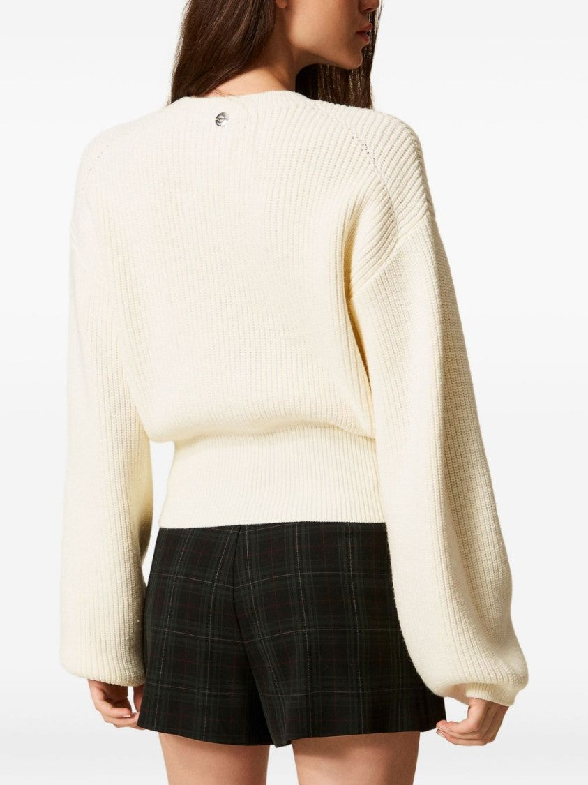 Twin-Set Ribbed Knit Sweater With Floral Embroidery