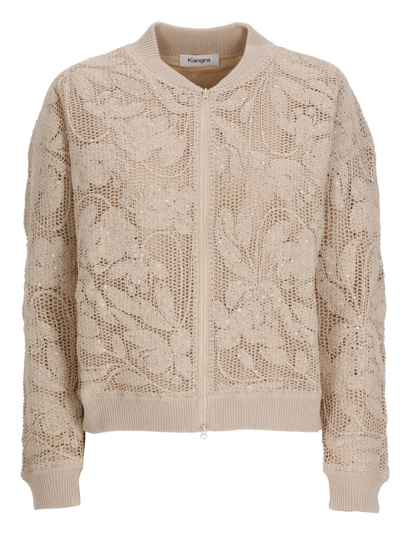 Kangra Beige Cotton Embroidered Sequined Bomber Jacket