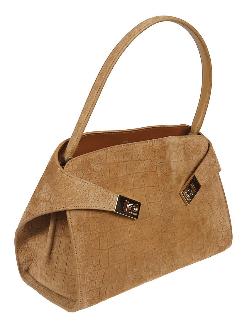 Ferragamo Crocodile-Print Suede Handbag With Gold-Tone Accents