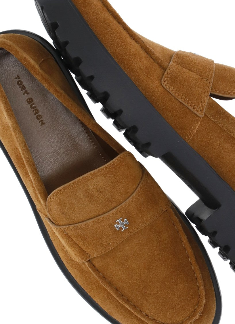 Tory Burch Brown Suede Cleated Sole Logo Loafers