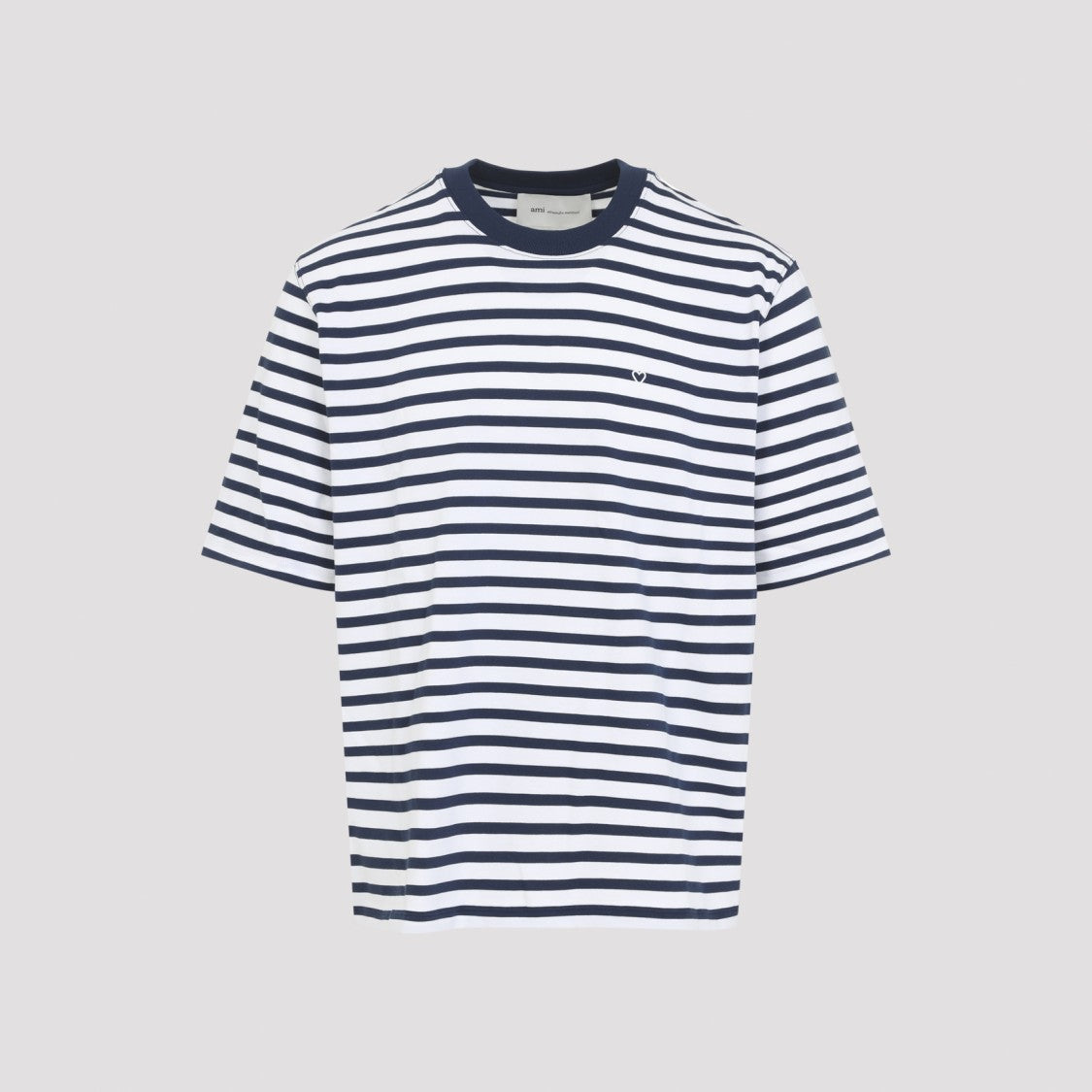Ami Paris Classic White T-Shirt With Navy Stripe Detail