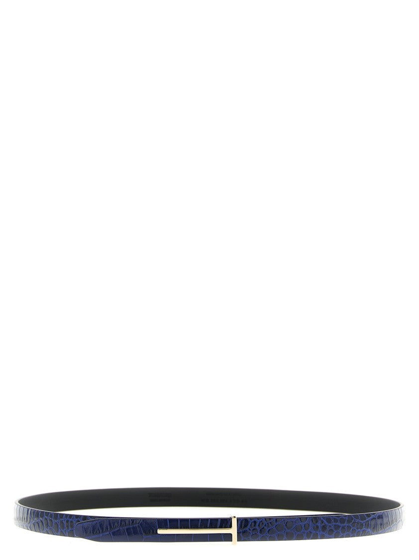 Tom Ford Reversible Crocodile-Effect Leather Belt With Metal Logo Buckle
