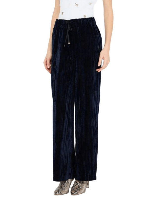 Liu Jo Velvet Navy Blue Wide-Leg Trousers With Elastic Waistband