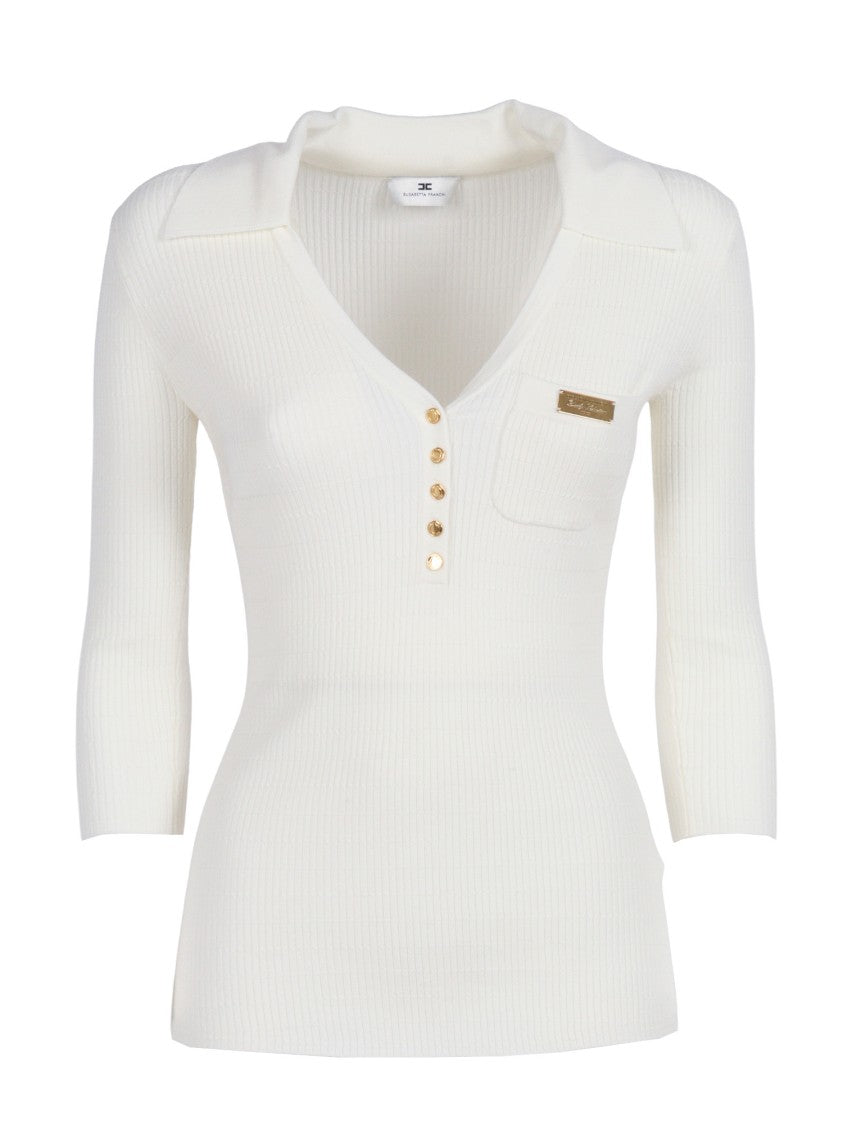 Elisabetta Franchi Tricot Ribbed Gold Button Top