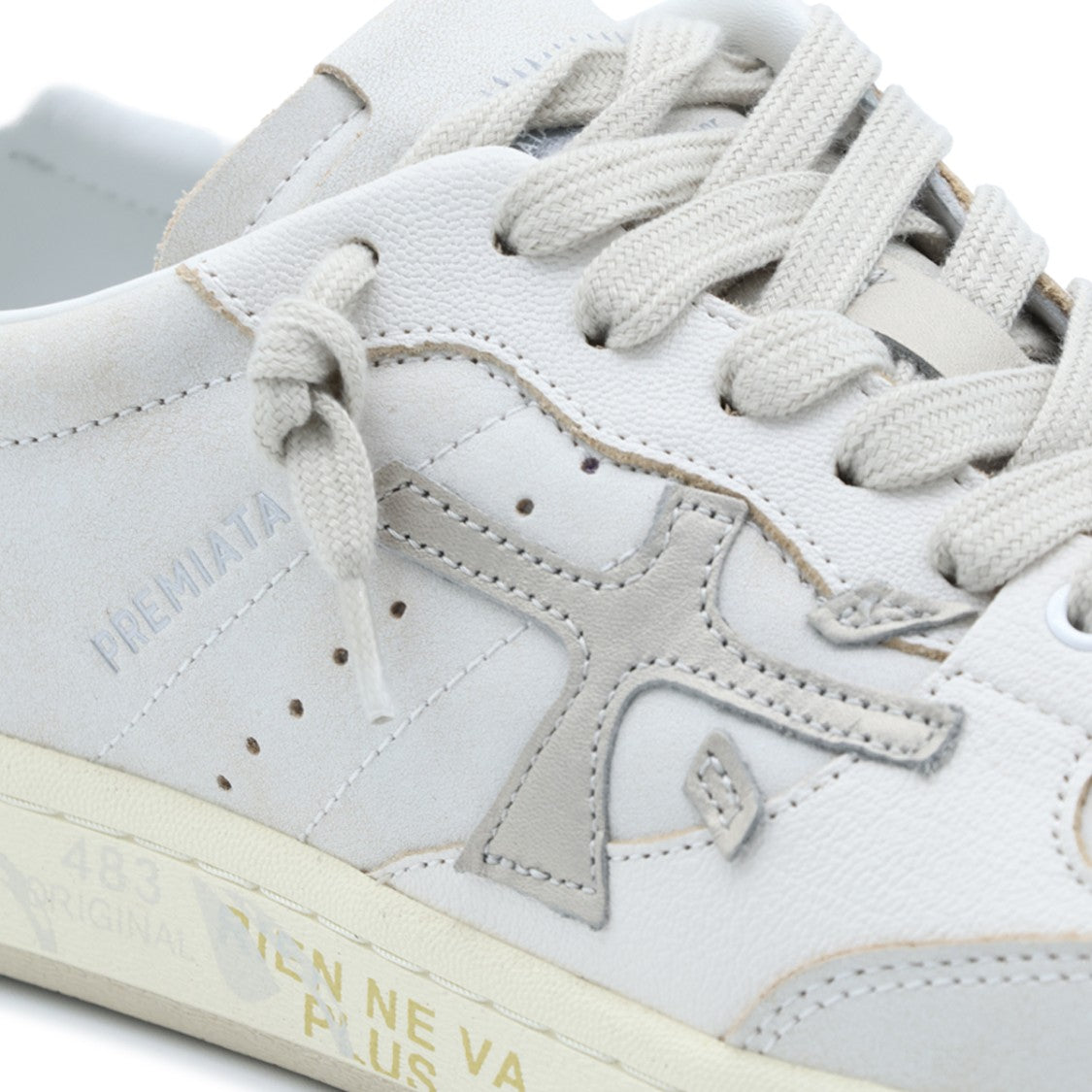Premiata White Vintage-Effect Leather Low-Top Sneakers