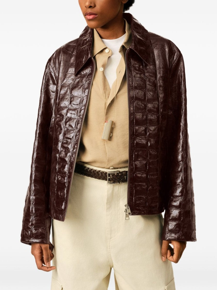 Ami Paris Cropped Textured Jacket With Glossy Crocodile Finish
