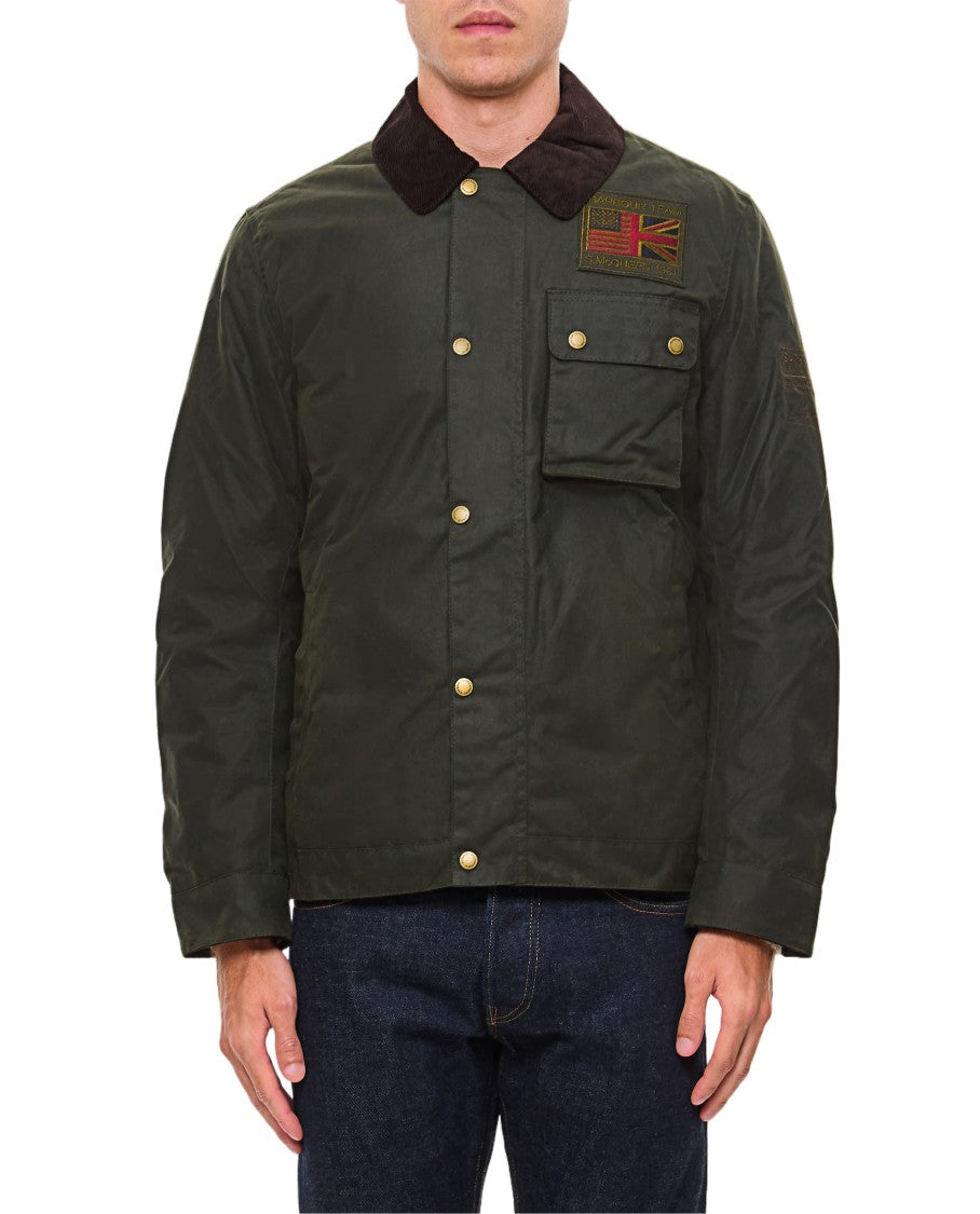 Barbour Waxed Cotton Workers Jacket With Corduroy Collar And Tartan Lining