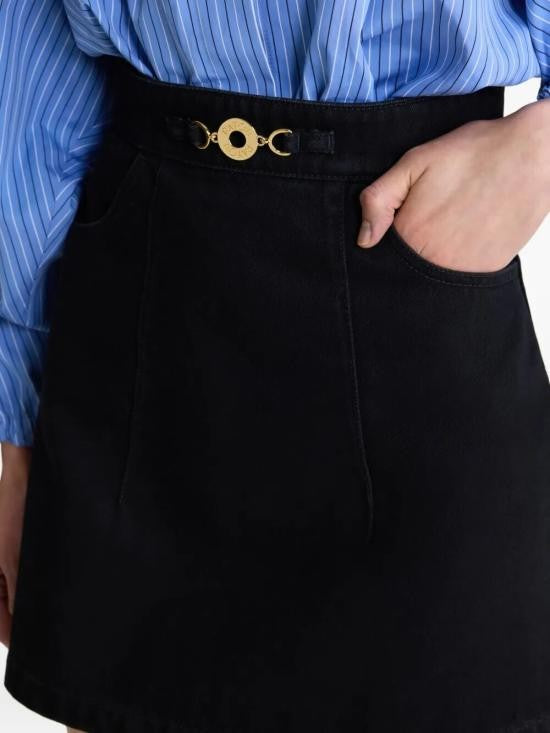 Patou A-Line Black Midi Skirt With Gold-Tone Clasp