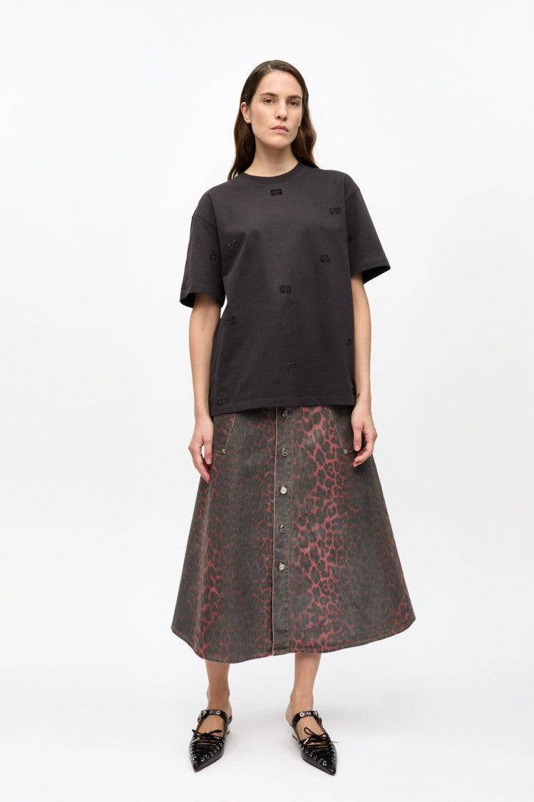 Ganni Black Cotton T-Shirt With Rhinestone Embroidery