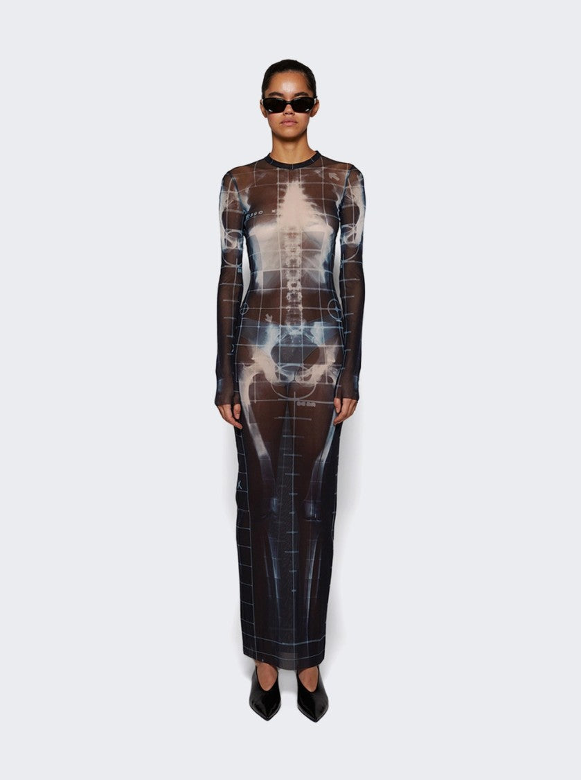 Jean Paul Gaultier Squeletor Printed Mesh Long Dress Black And Navy