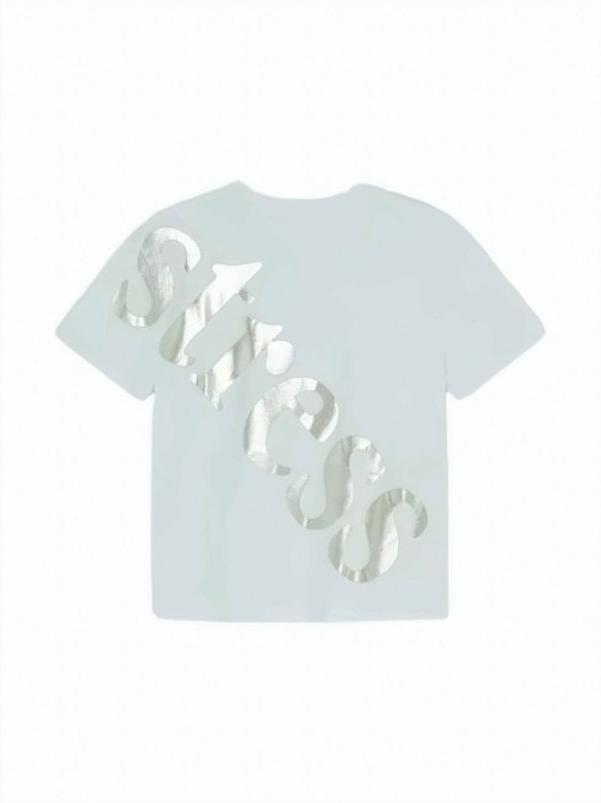 Gimaguas Blue Short-Sleeved Cropped Metallic Logo T-Shirt
