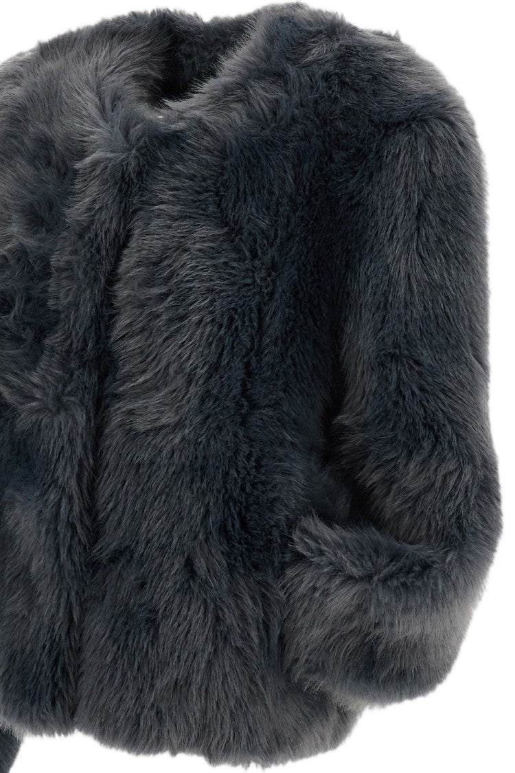 Stand Studio Blue Halle Collarless Boxy Faux Fur Jacket
