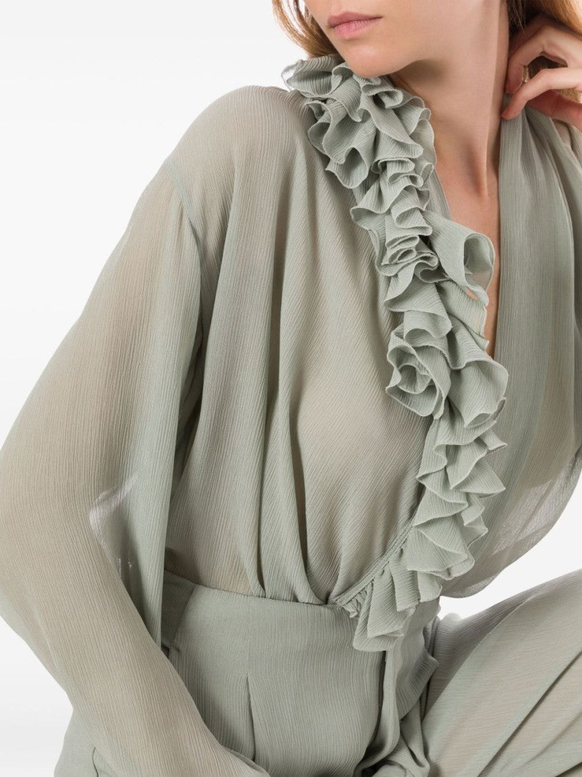 Alberta Ferretti Light Gray Ruffle Blouse With Deep V-Neckline