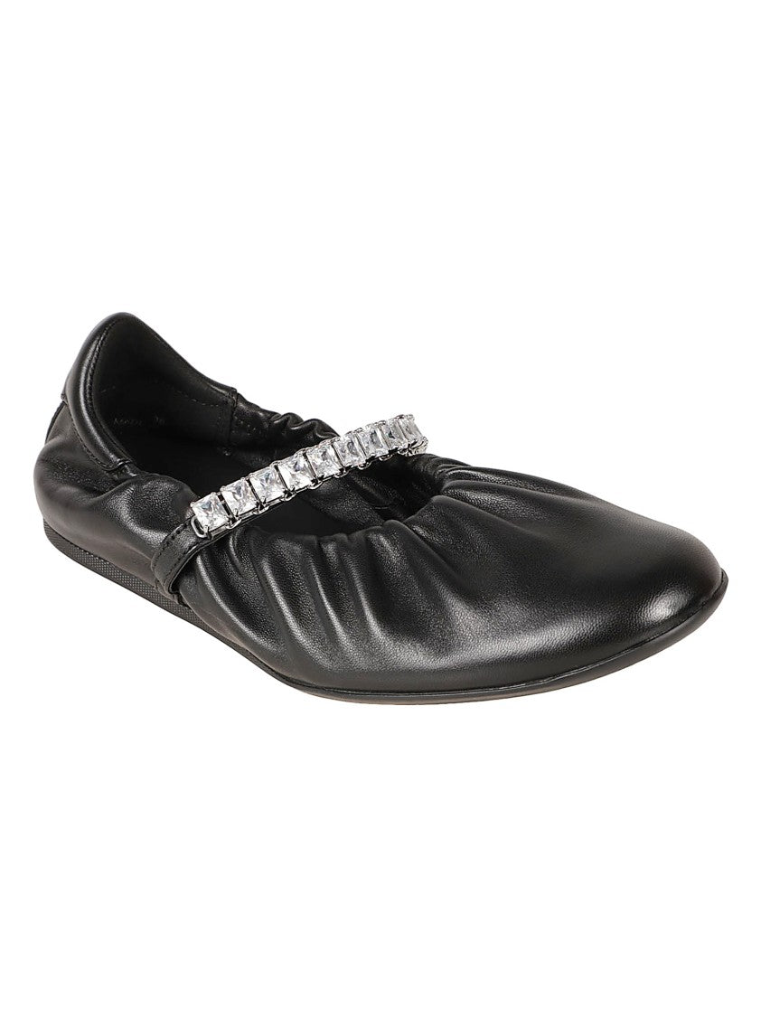 Jimmy Choo Black Leather Flats With Ruched Design And Crystal Embellishments