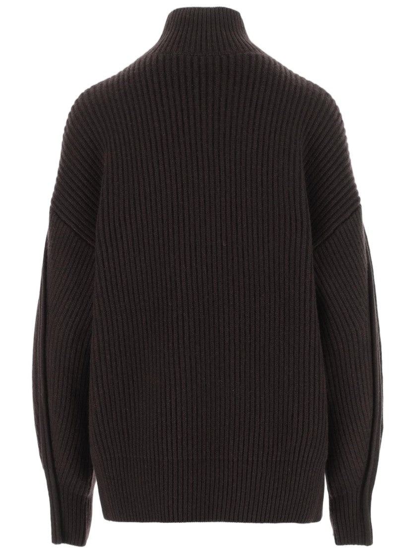 Carven Brown Voluminous-Sleeve Ribbed Cashmere Turtleneck