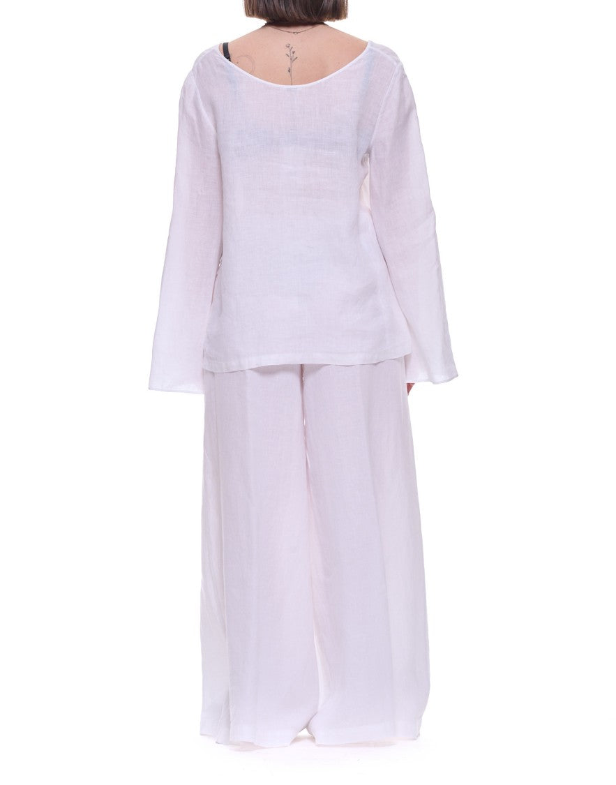 Hira White V-Neck Linen Long-Sleeve Top