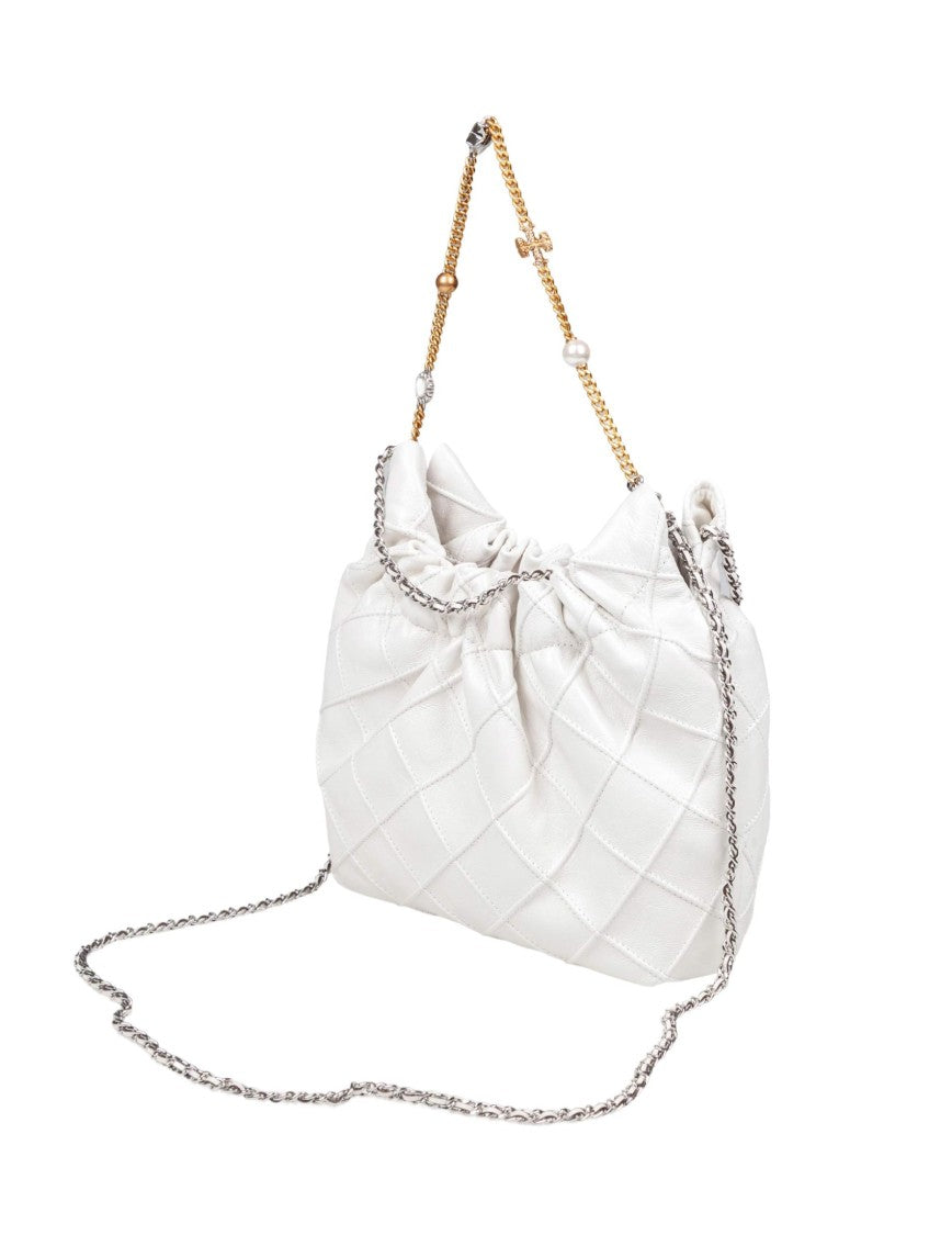 Tory Burch Mini Fleming Nappa Hobo Bag, White