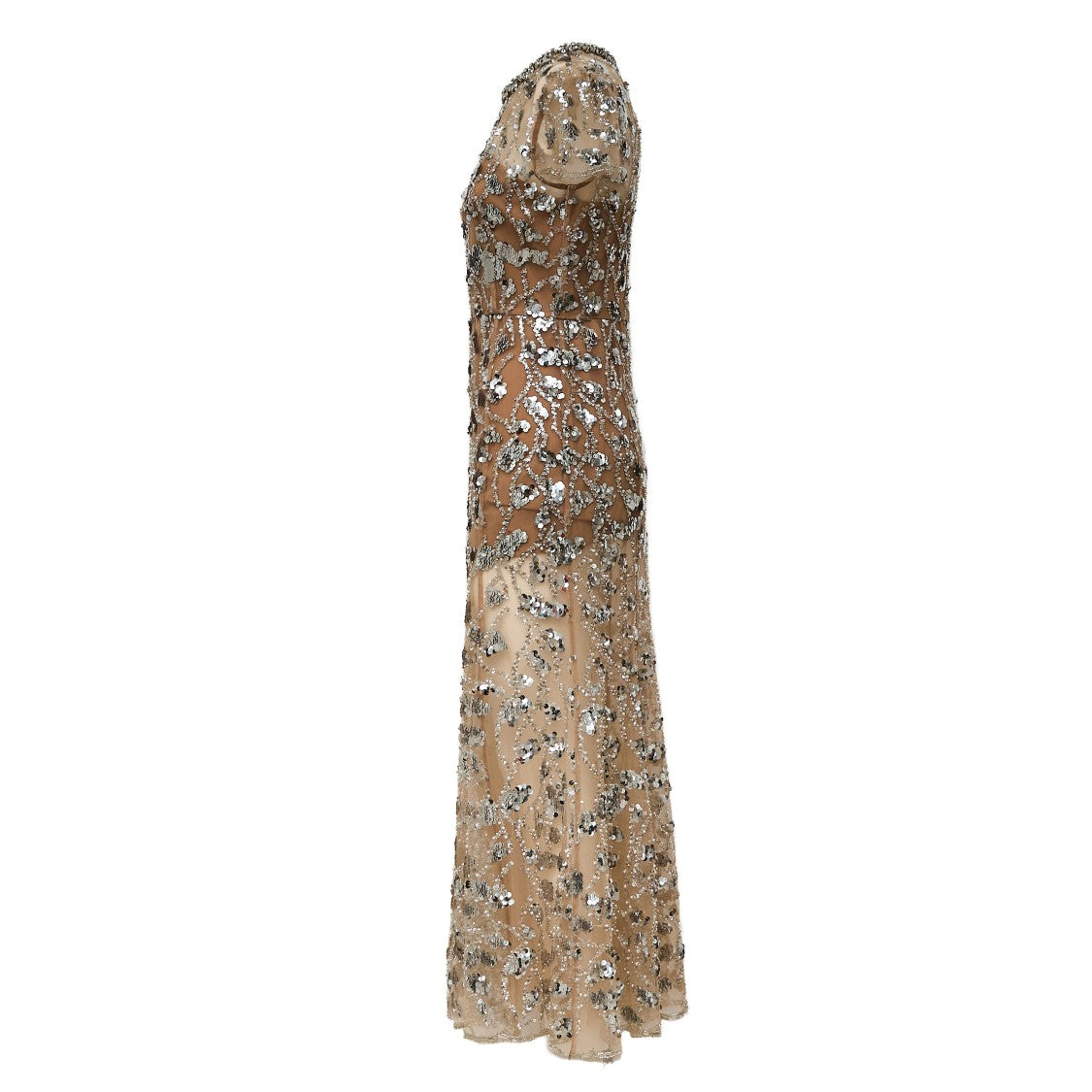 Self-Portrait Silver Sequin Embellished Midi Dress With Flared Silhouette