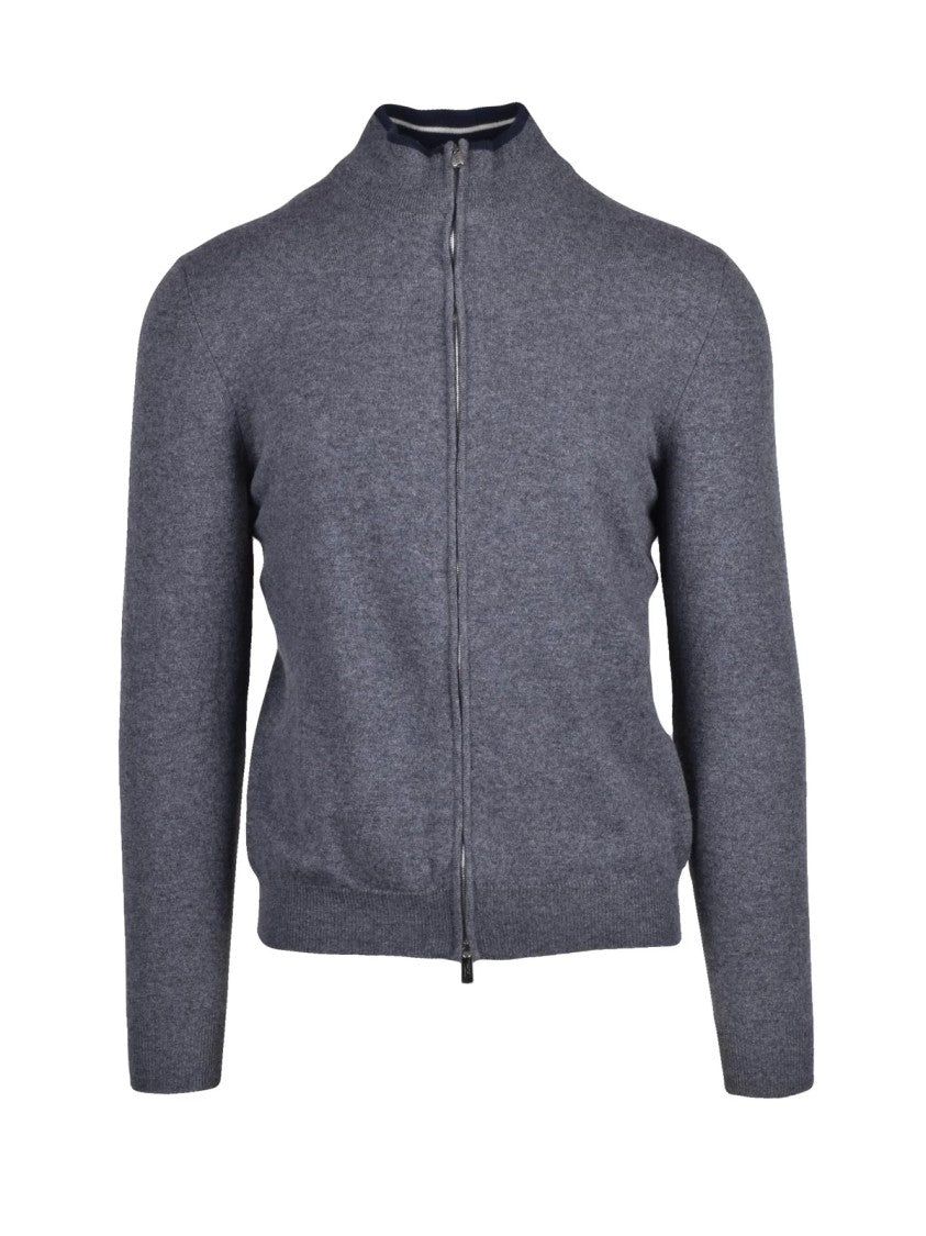 Fedeli Cashmere Zip Cardigan With High Collar And Ribbed Detailing