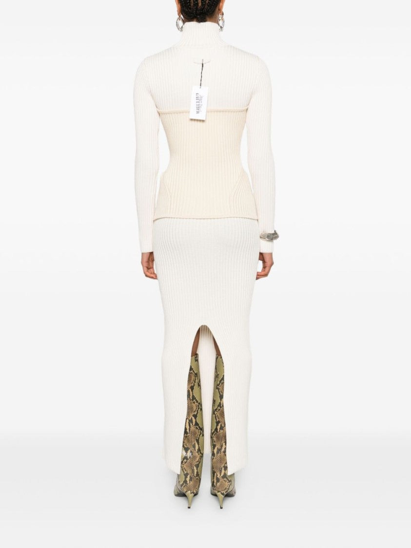 Jean Paul Gaultier Off-White Ribbed Knit Turtleneck Dress