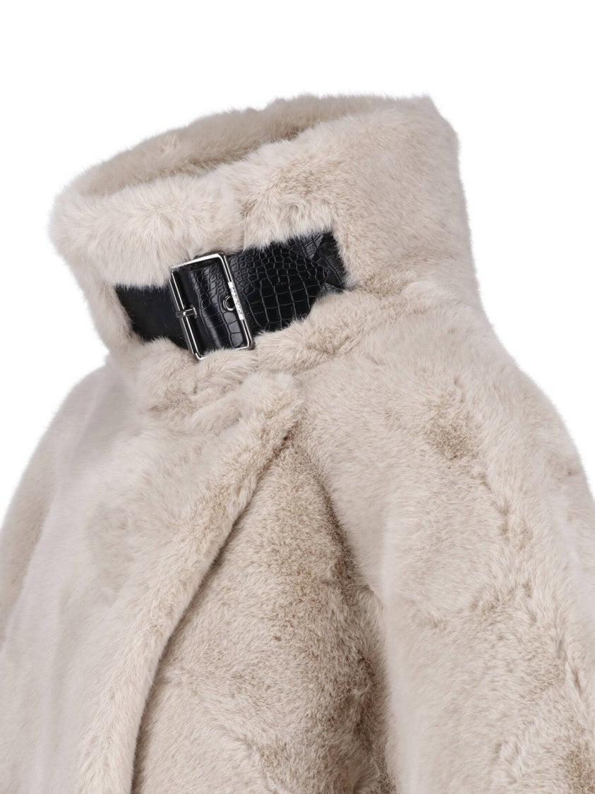 Pinko Beige Belted High Collar Faux Fur Jacket