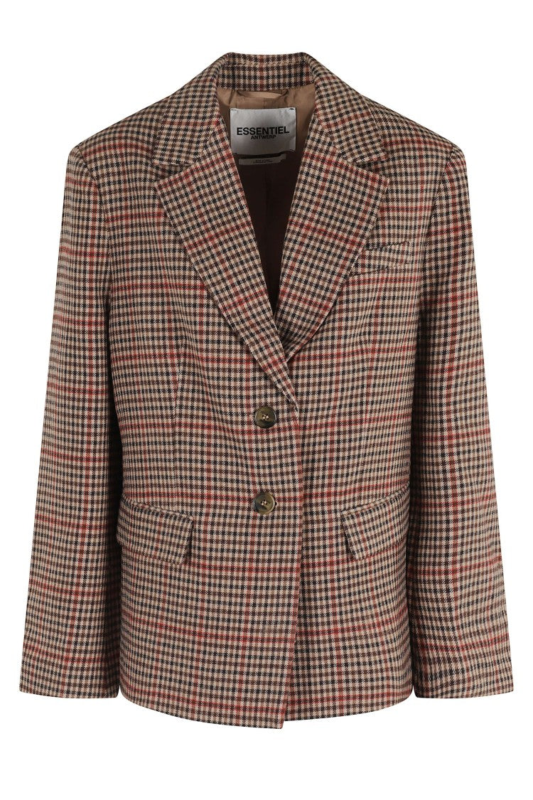 Essentiel Antwerp Cinnamon Check Print Oversized Blazer With Padded Shoulders