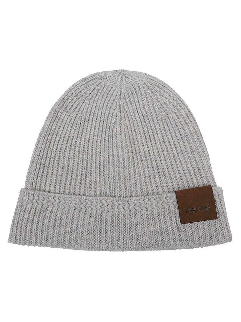 Tom Ford Light Grey Cashmere Hat With Ribbed Texture And Leather Patch