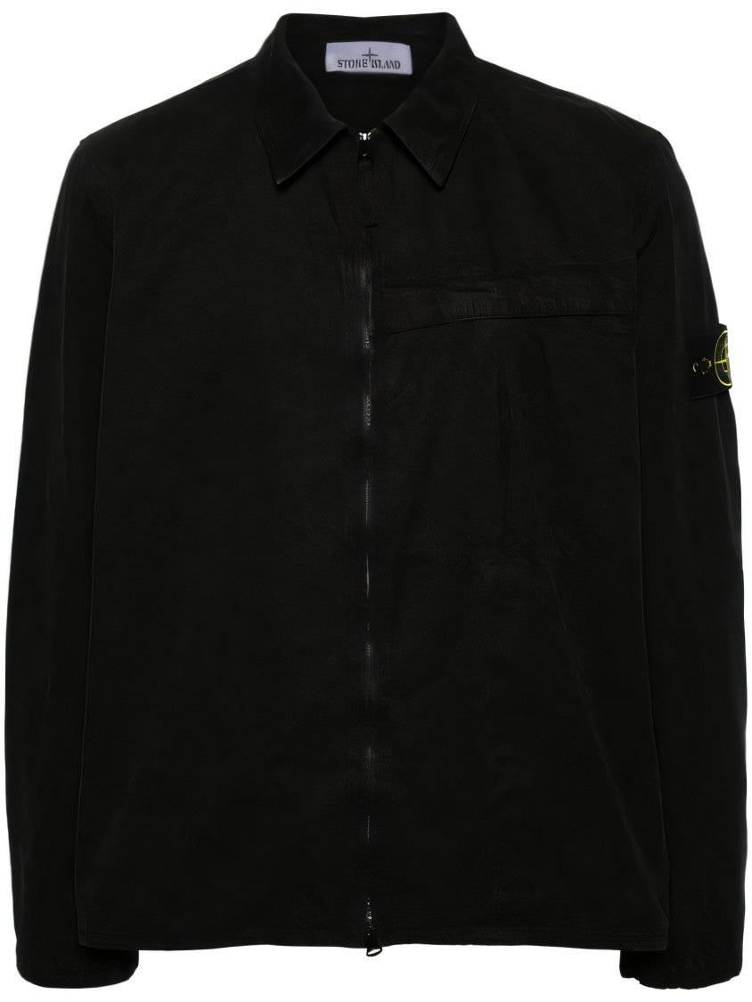 Stone Island Black Jacket With Classic Collar And Zip Closure