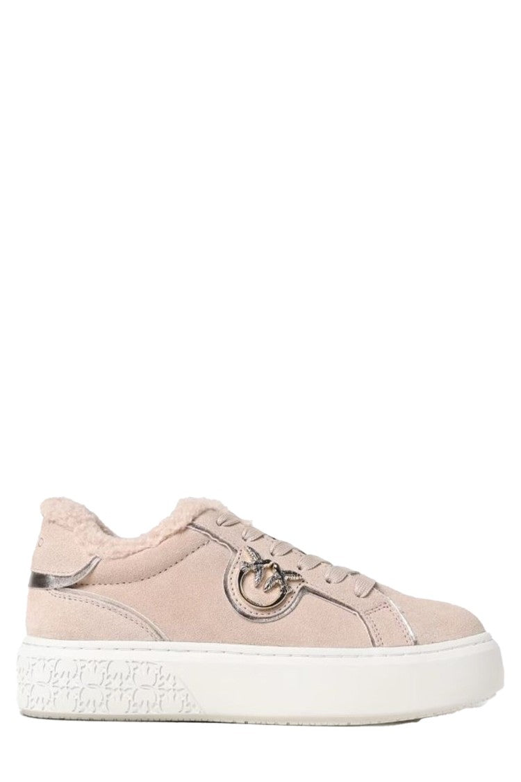 Pinko Pink Love Buckle Shearling Suede Sneakers