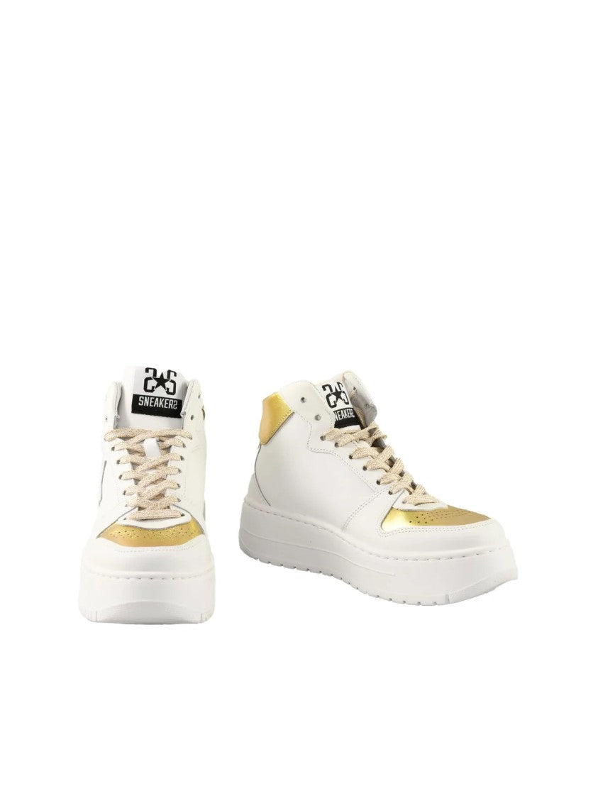 2Star White/Gold Metallic Accent Leather Mid-Top Sneakers