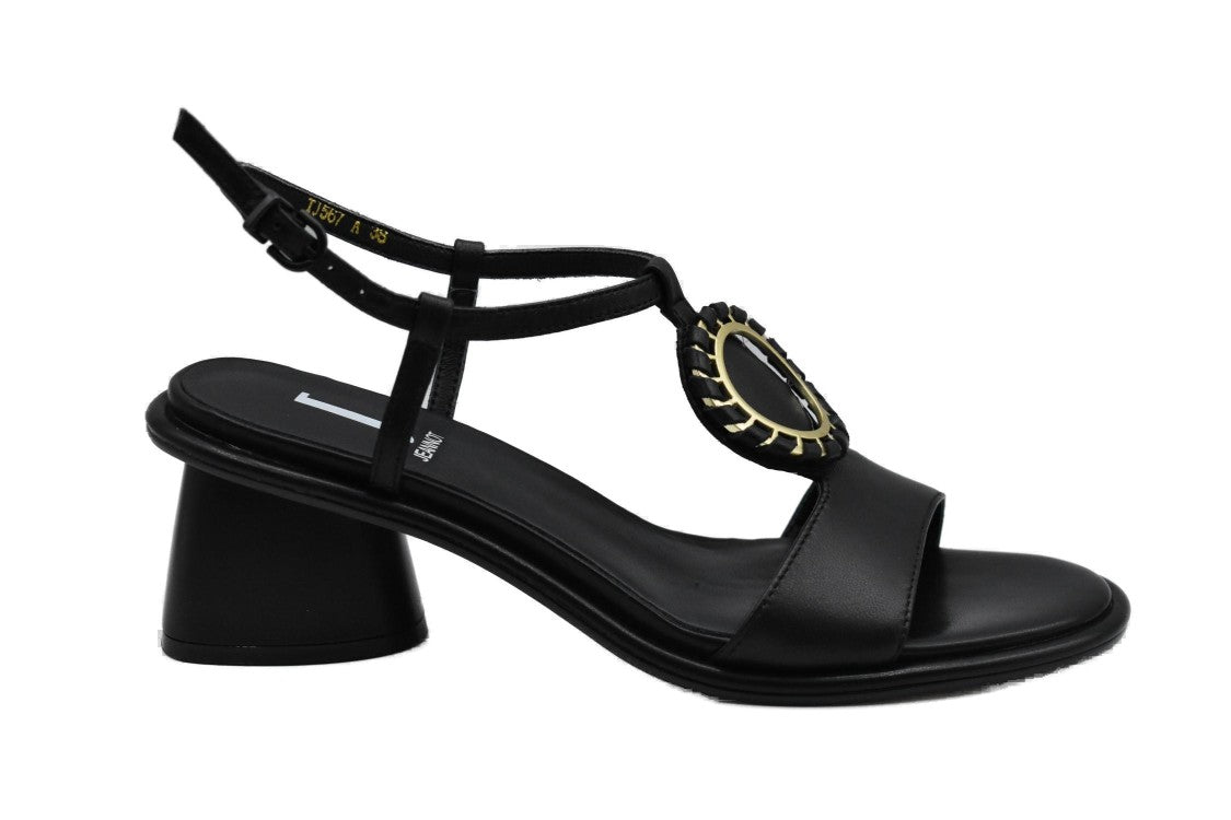 Jeannot Low-Heeled Black Sandals With Wide Strap And Decorative Embellishment