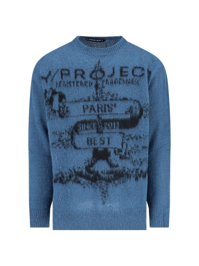 Y/Project Logo Sweater In Blue Mohair Blend Knitted