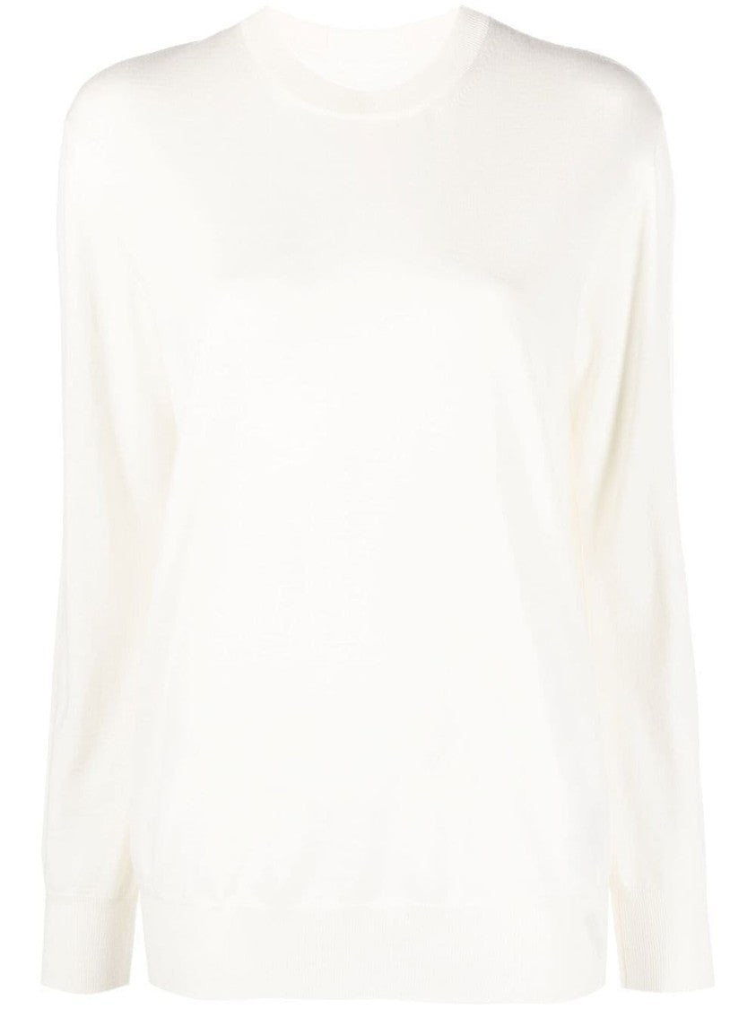 Jil Sander Beige Wool Sweater With Round Neckline And Ribbed Details