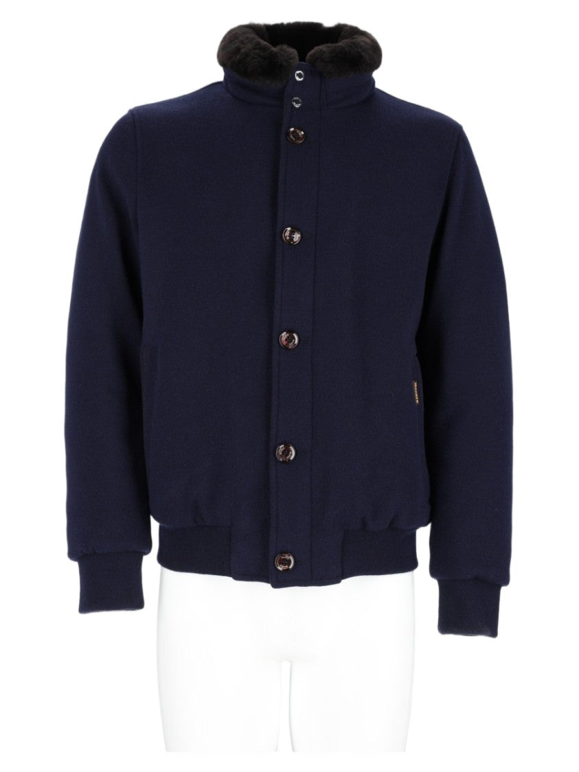 Moorer Navy Blue Cropped Jacket With Plush Fur Collar